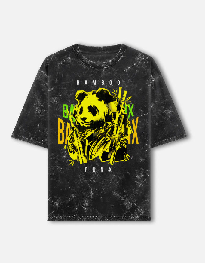 Black t-shirt with yellow panda graphic and text on a white background